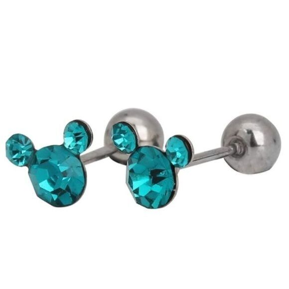 Silver 316L and Aquamarine Cubic Zirconia Mickey Mouse Screwback Post Earrings - Picture 1 of 6